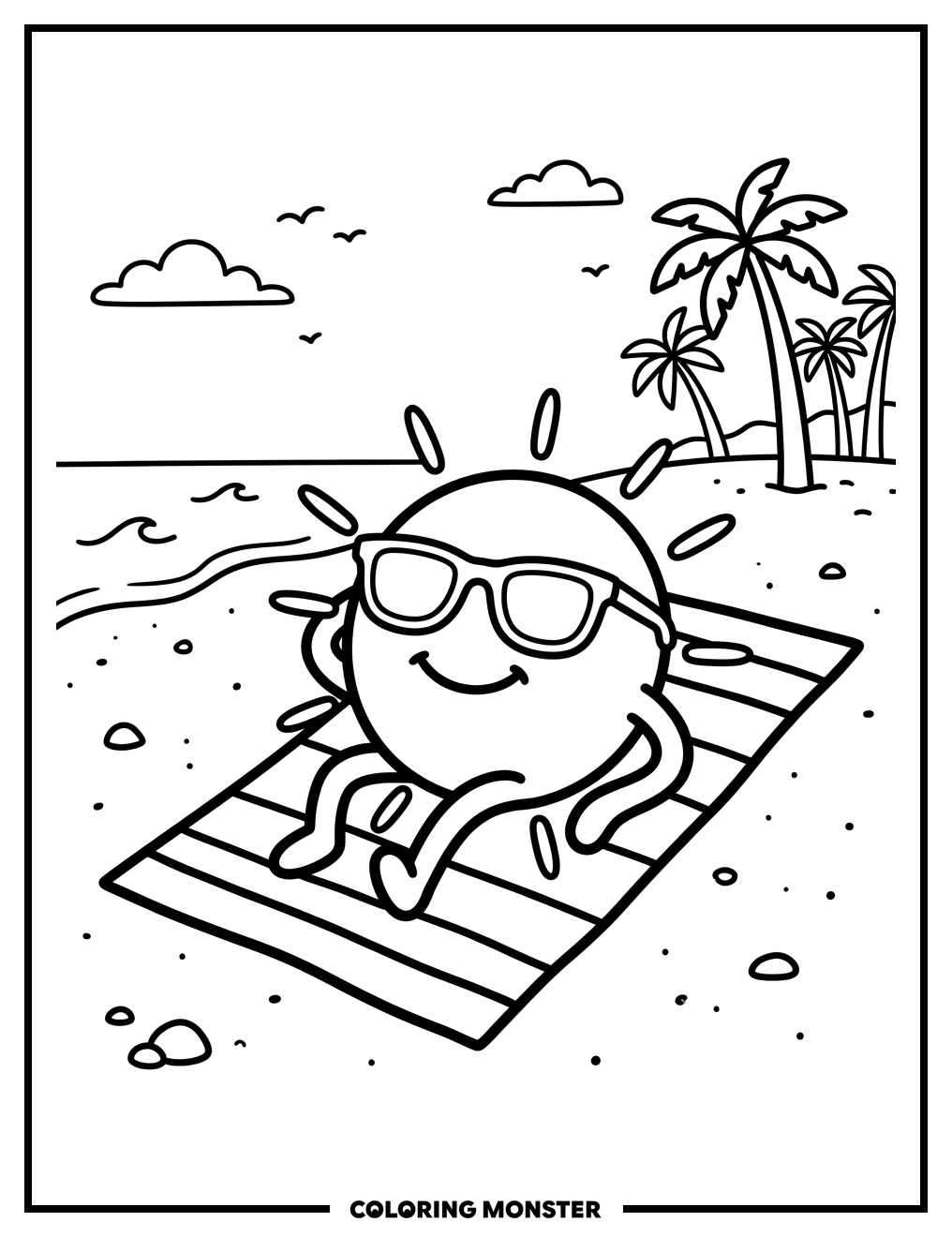 Smiling Sun On The Beach Coloring Page