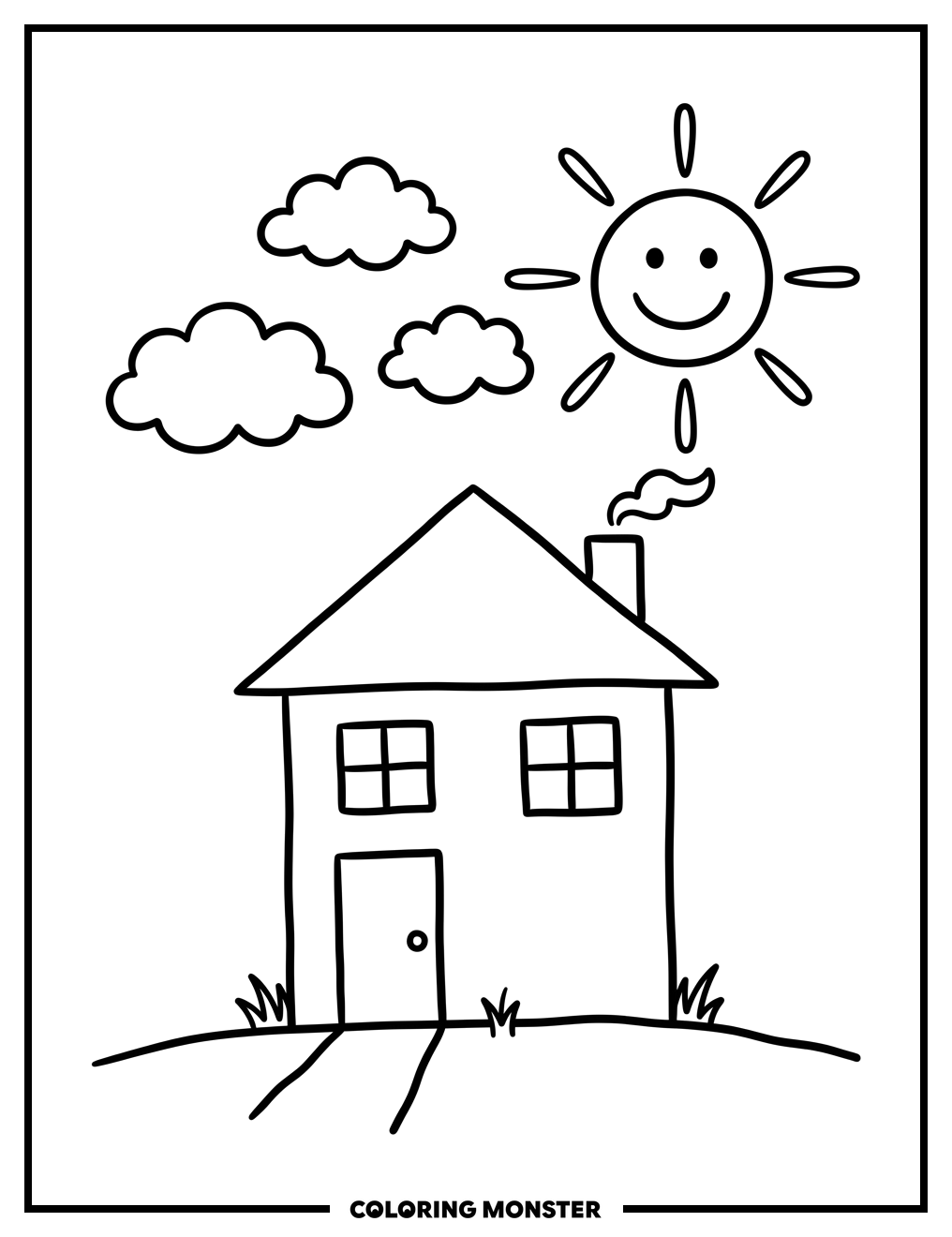 Smiling Sun Over Cozy House Coloring Page