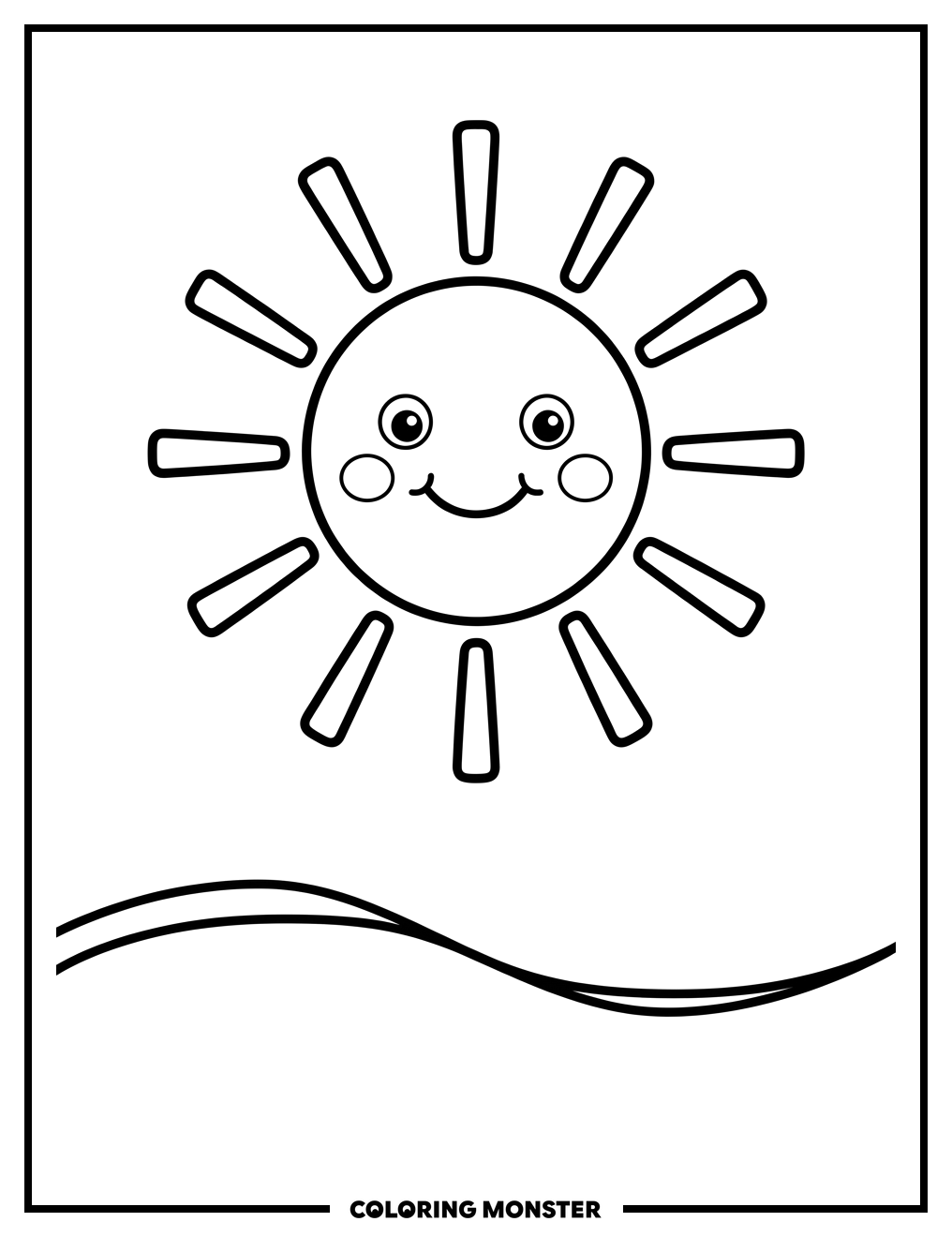 Smiling Sun Over Green Hill Coloring Page