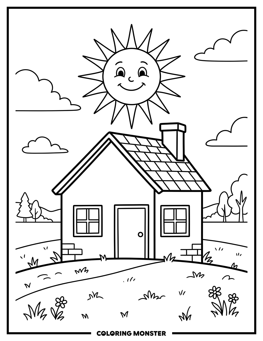 Smiling Sun Over Simple House Coloring Page