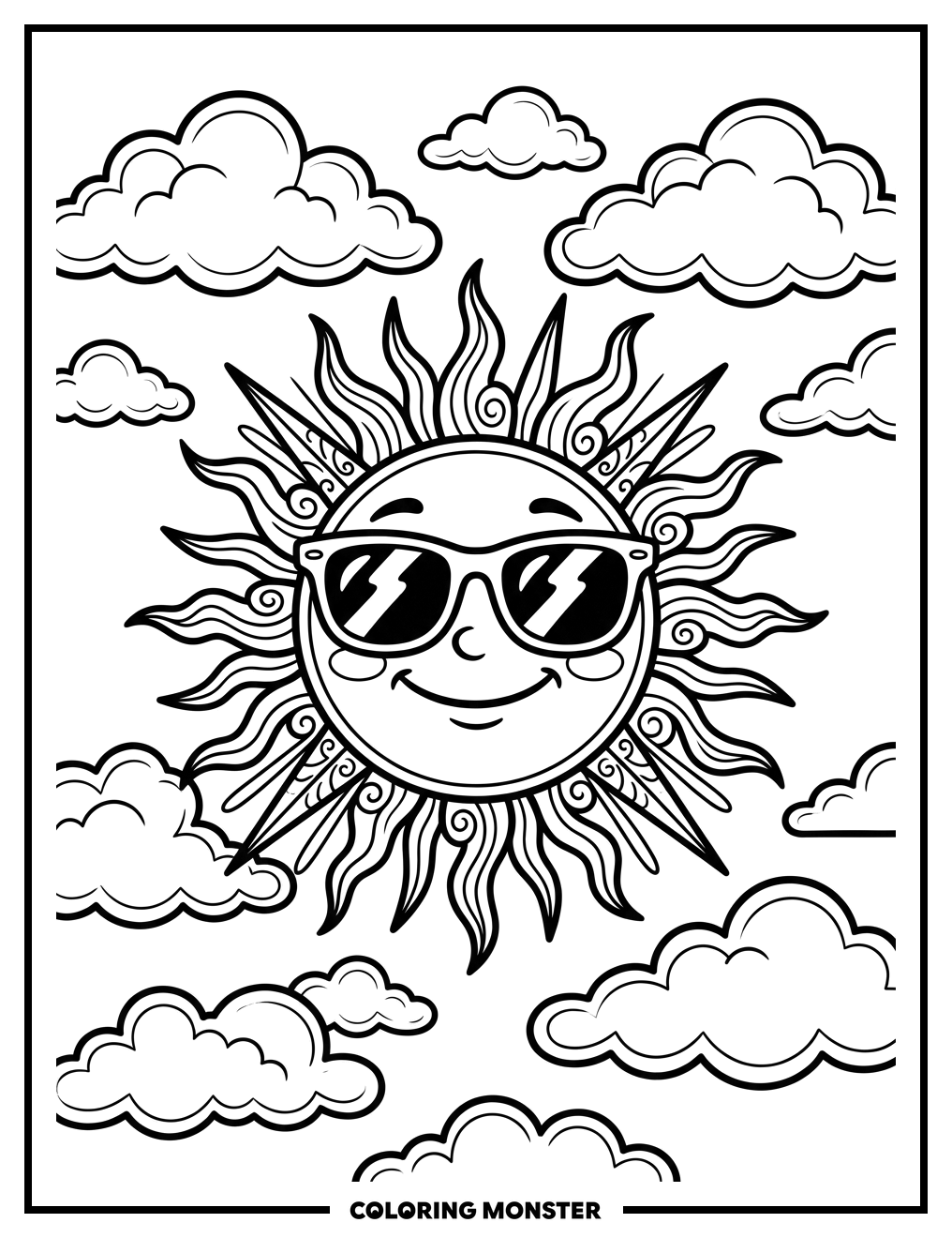 Smiling Sun Wearing Sunglasses Coloring Page