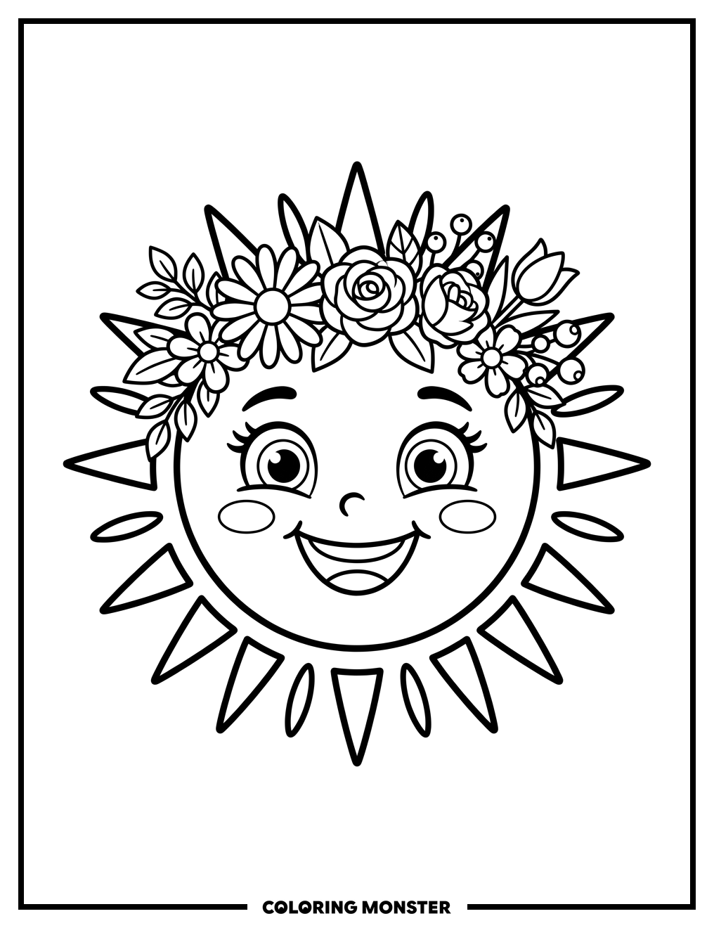 Smiling Sun with Flower Crown Coloring Page