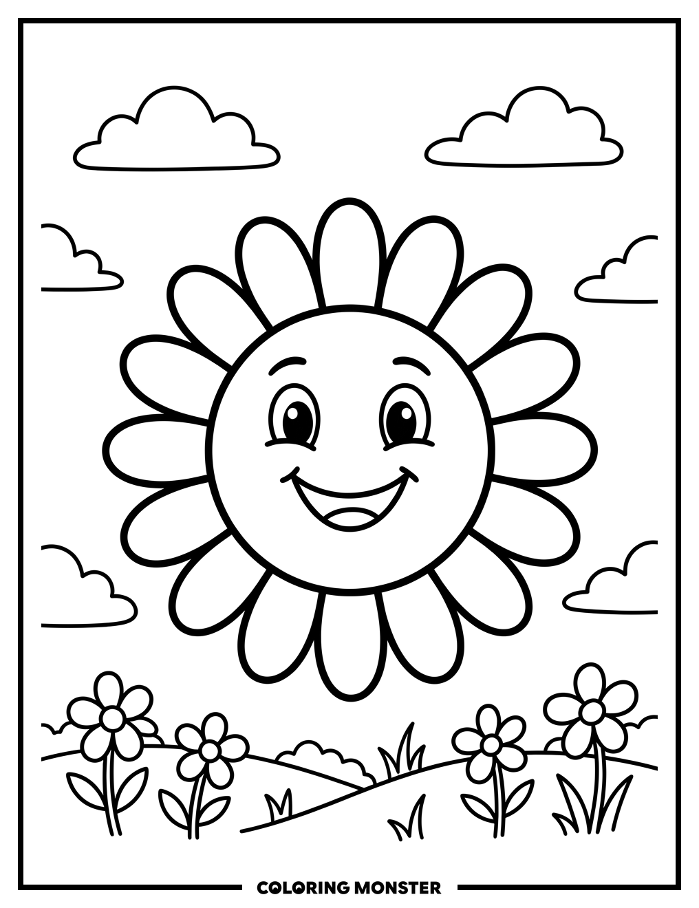 Smiling Sun with Flower Petal Rays Coloring Page