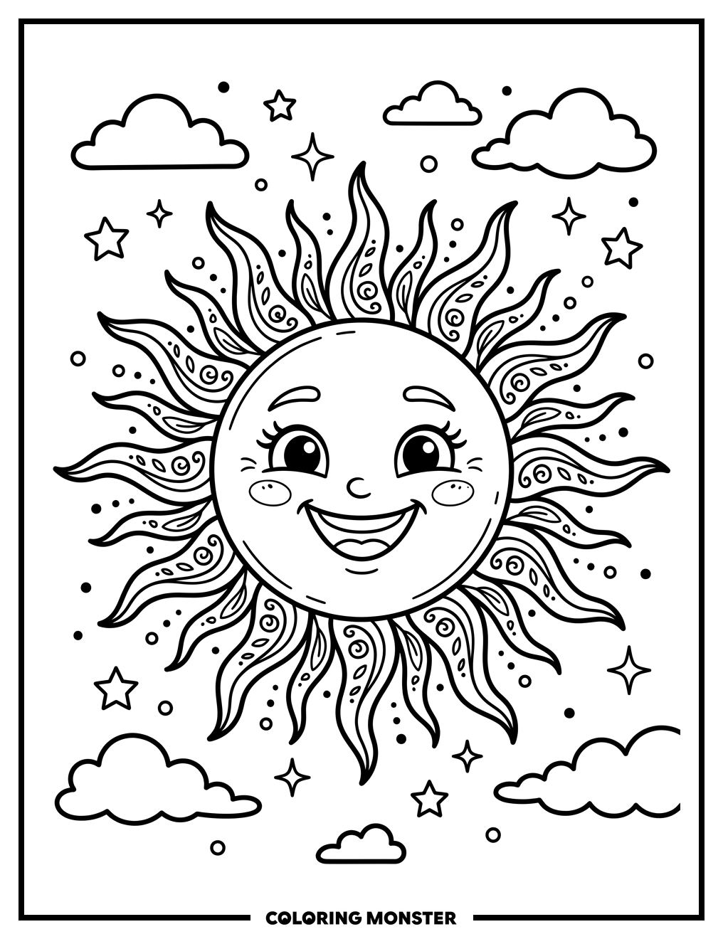Smiling Sun With Radiant Rays Coloring Page