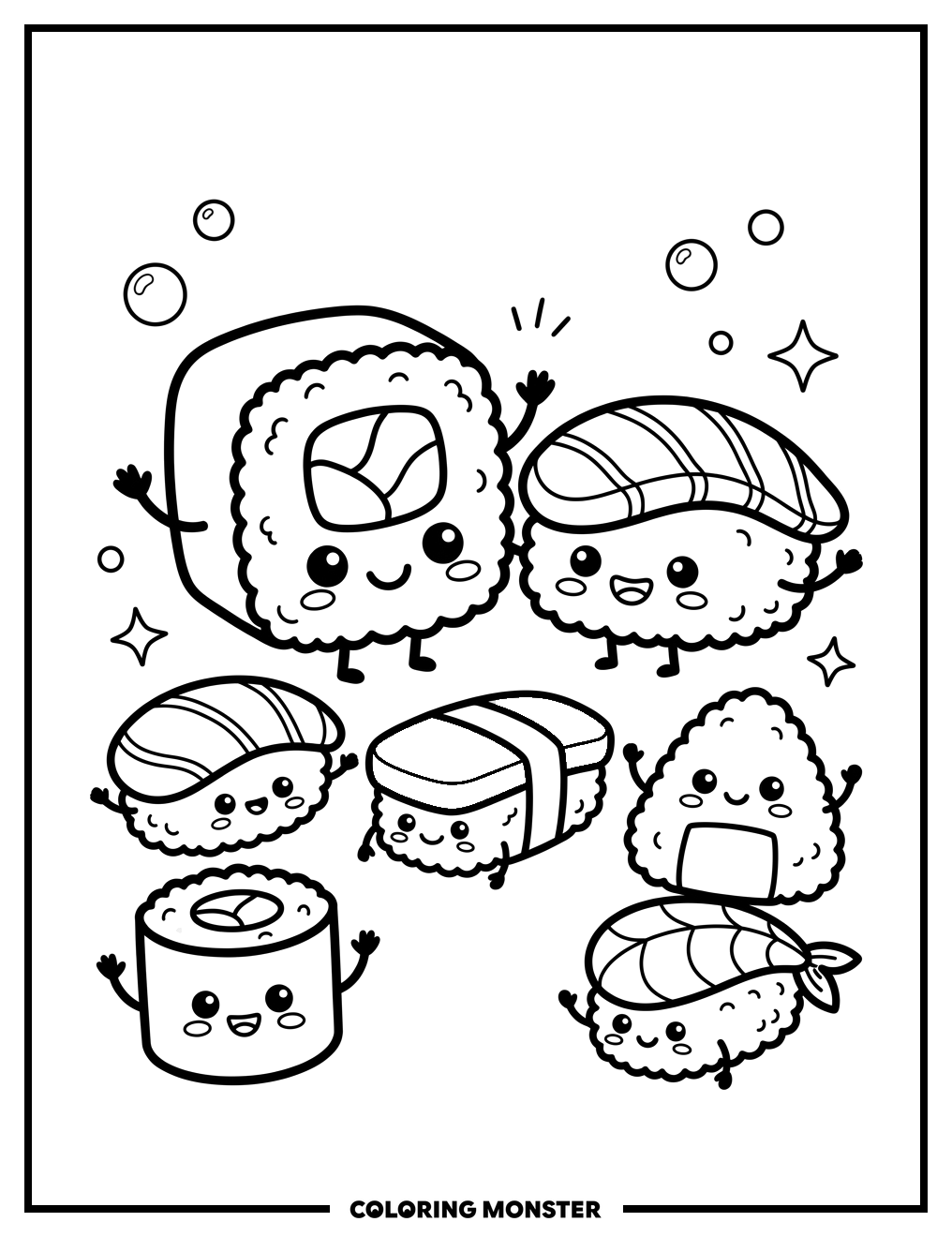 Smiling Sushi Friends Coloring Page