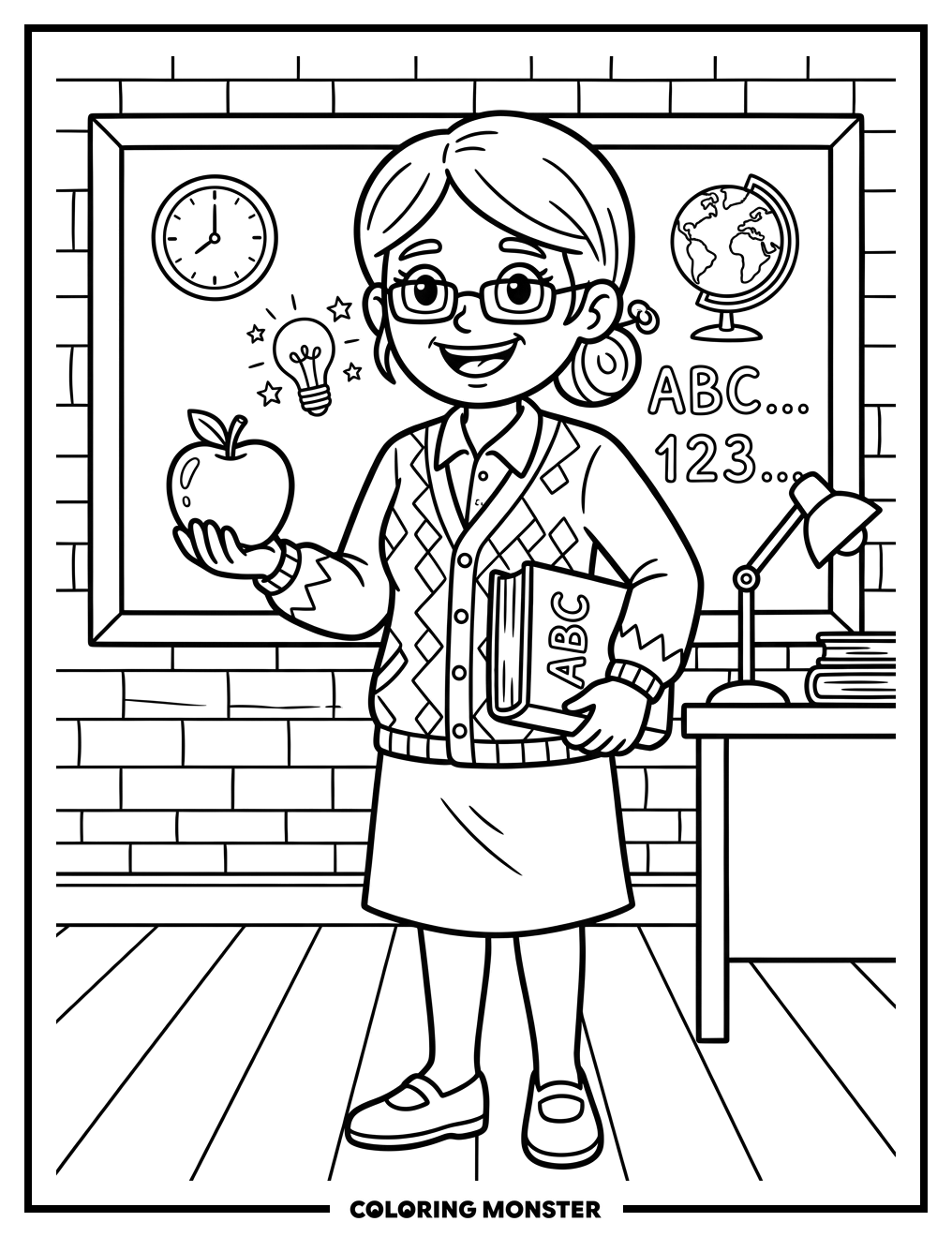 Smiling Teacher with Apple and Book Coloring Page