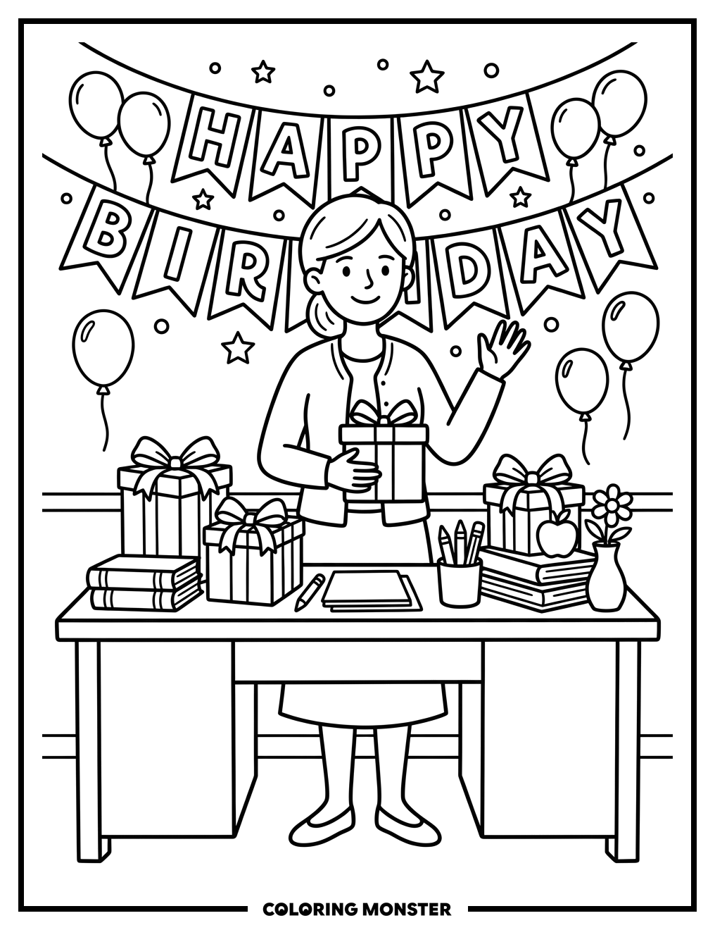 Smiling Teacher With Birthday Presents Coloring Page