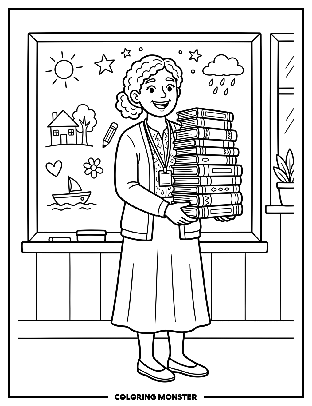 Smiling Teacher With Books and Blackboard Coloring Page