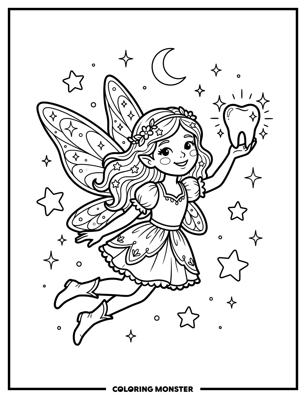 Smiling Tooth Fairy with Sparkling Tooth Coloring Page
