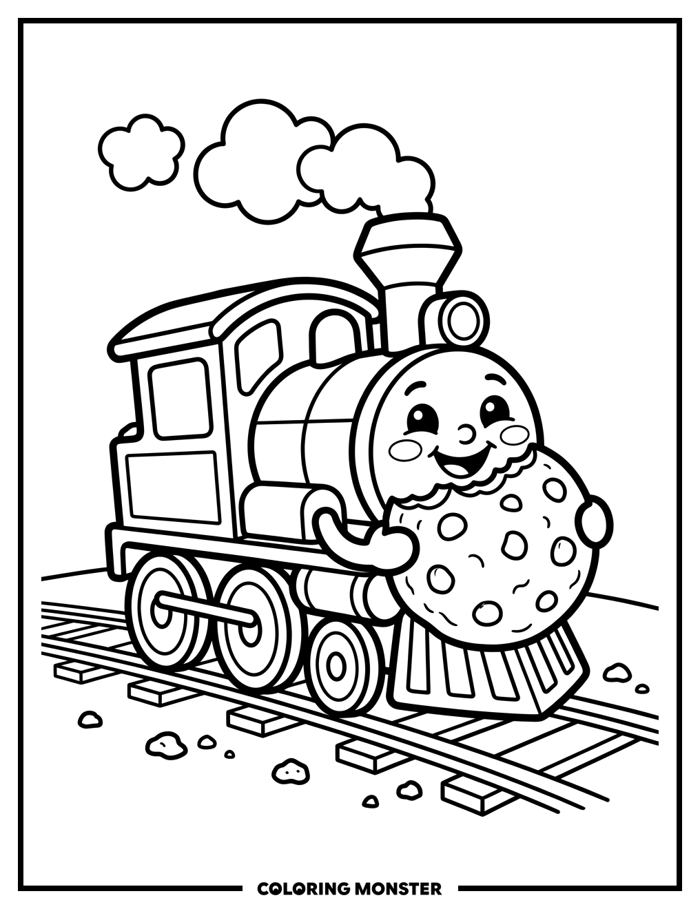 Smiling Train Eats Big Cookie Coloring Page