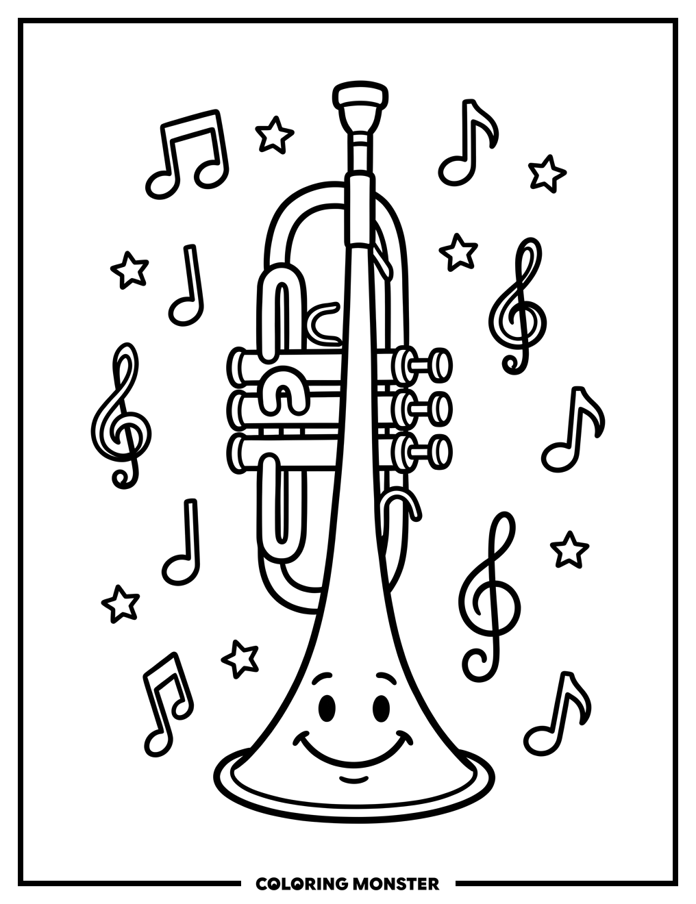 Smiling Trumpet With Musical Notes Coloring Page