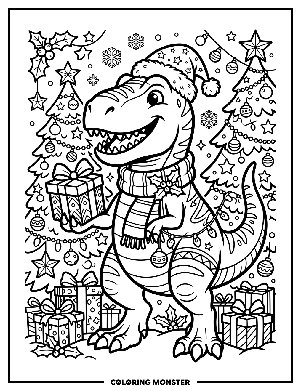 Smiling Tyrannosaurus Rex Wearing A Santa Hat Coloring Page