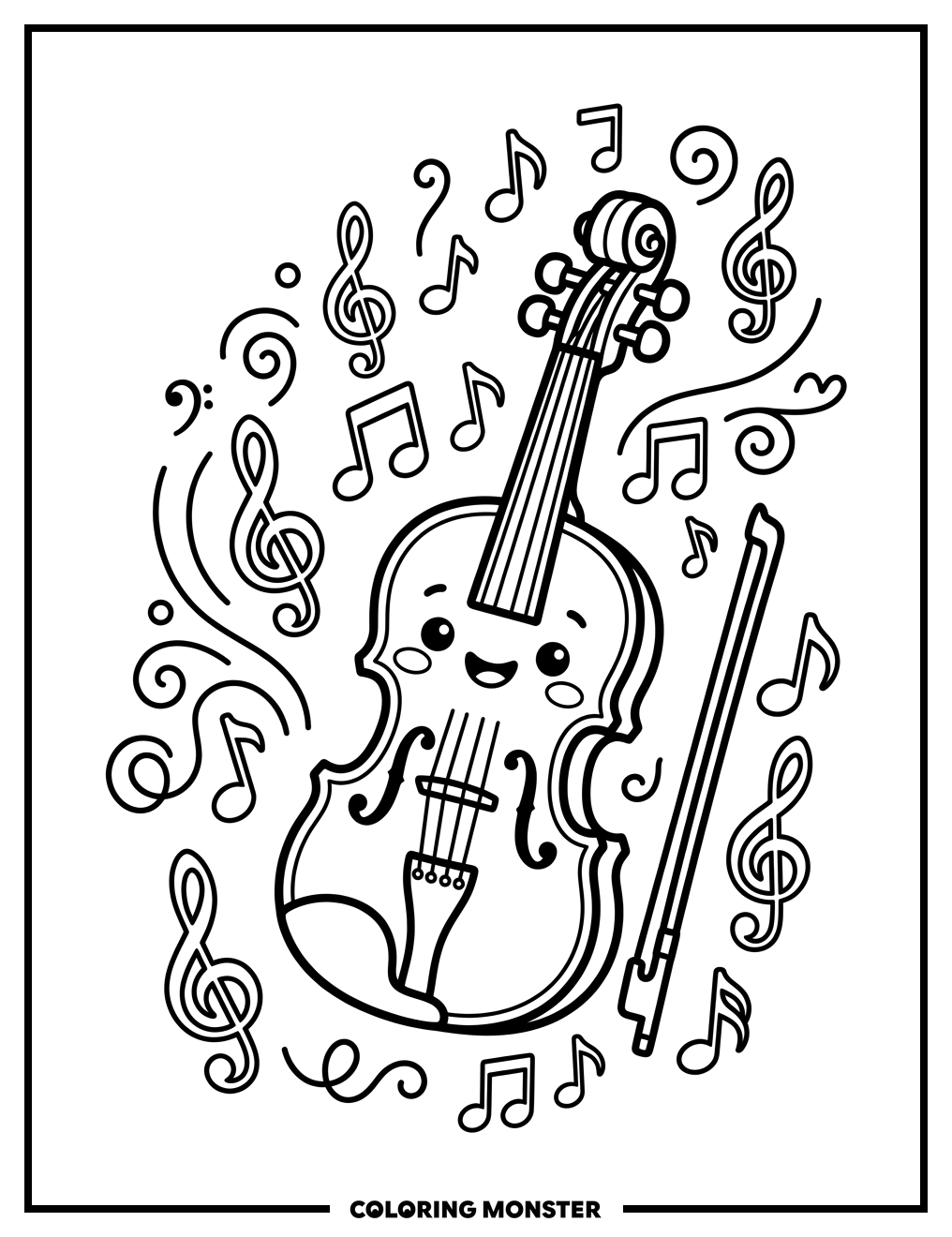 Smiling Violin With Musical Notes Coloring Page
