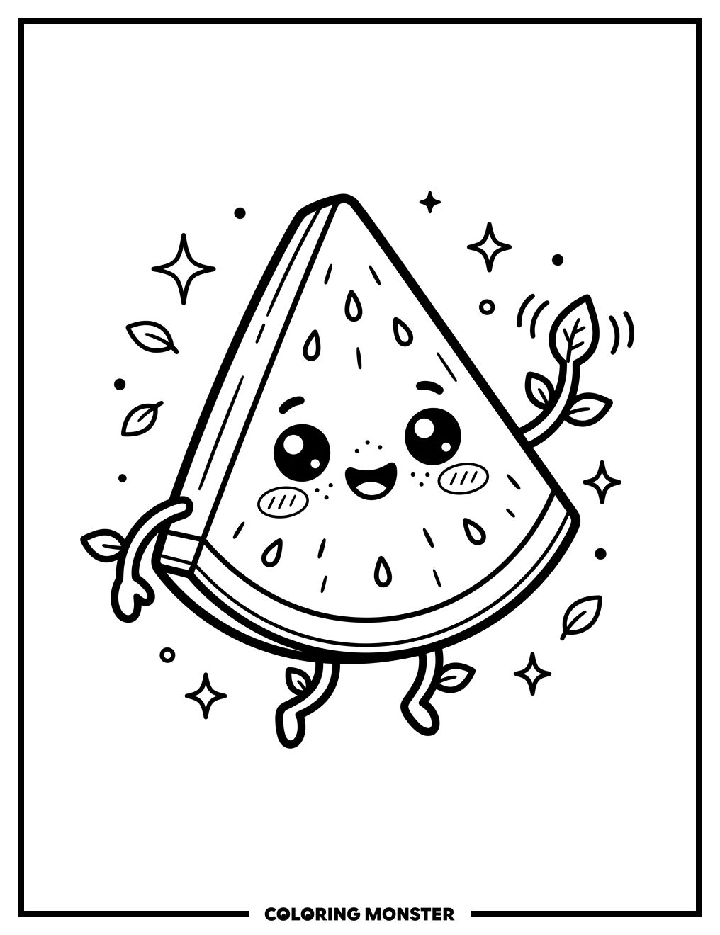 Smiling Watermelon Slice Waving Coloring Page