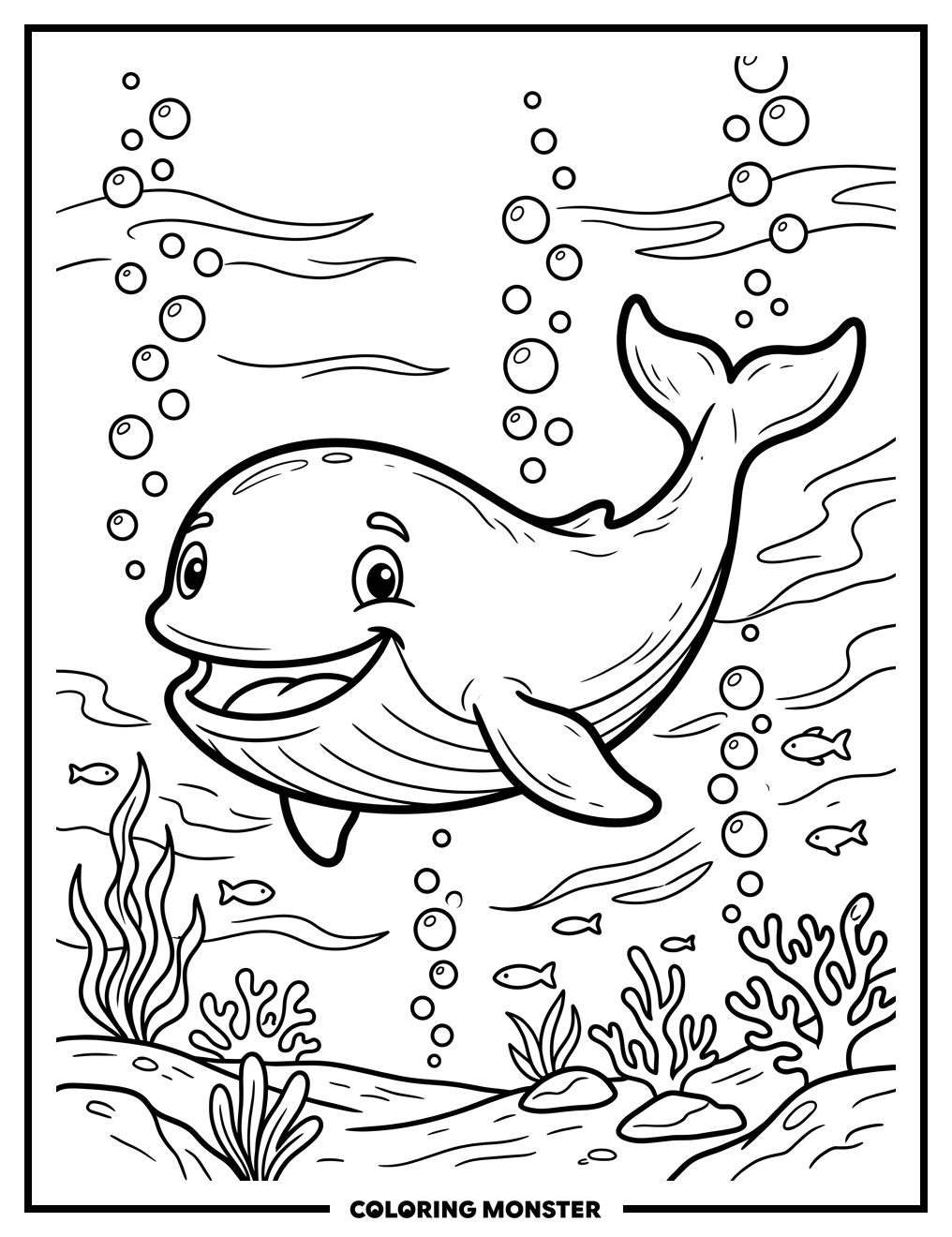 Smiling Whale in the Ocean Coloring Page