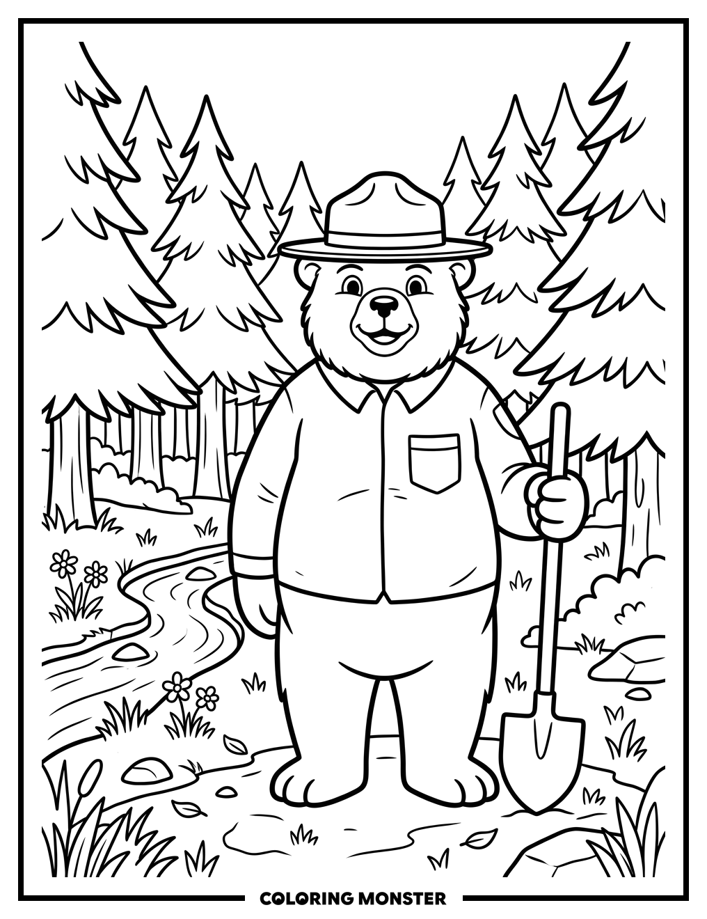 Smokey the Bear in the Forest Coloring Page