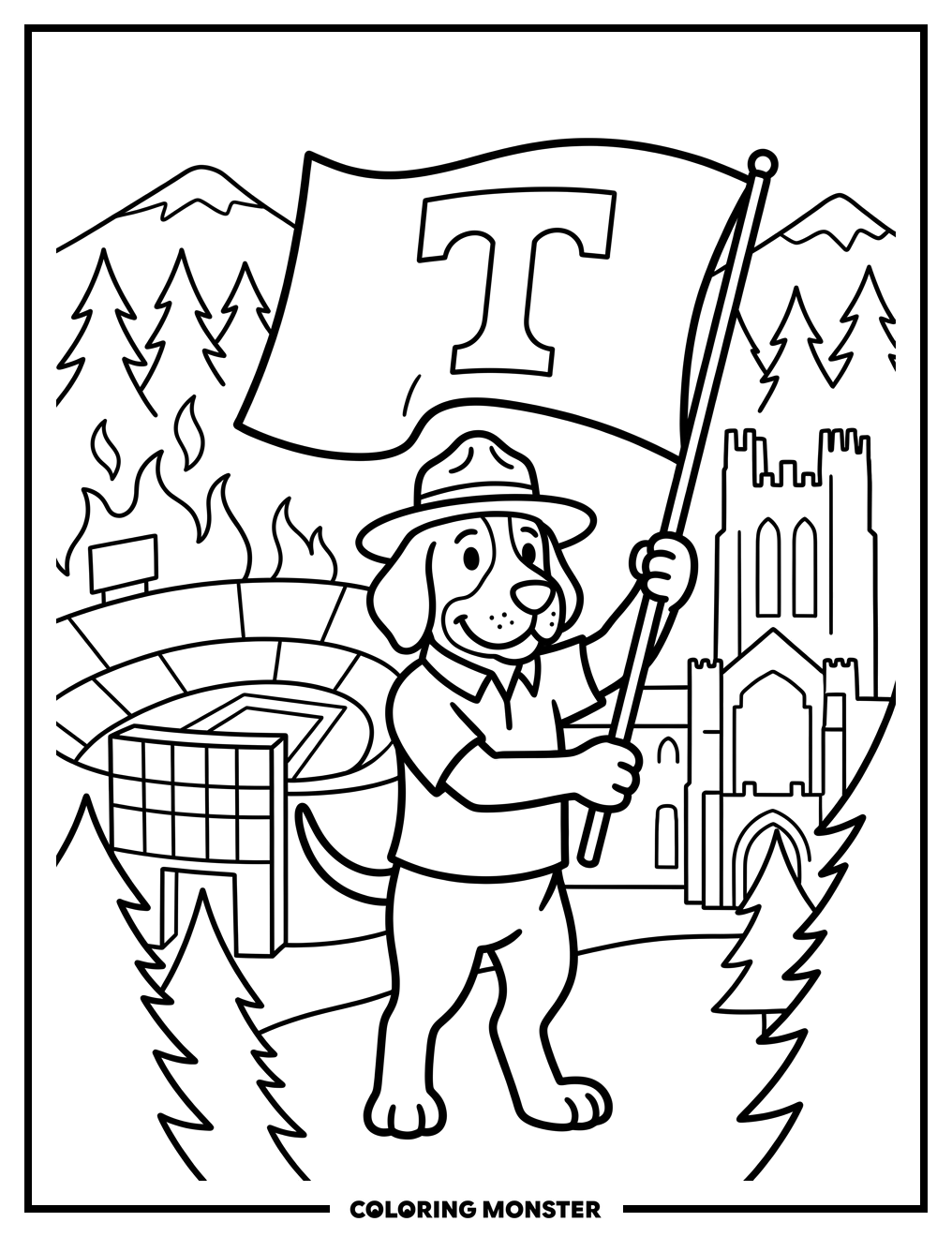 Smokey the Mascot Holding University Flag Coloring Page