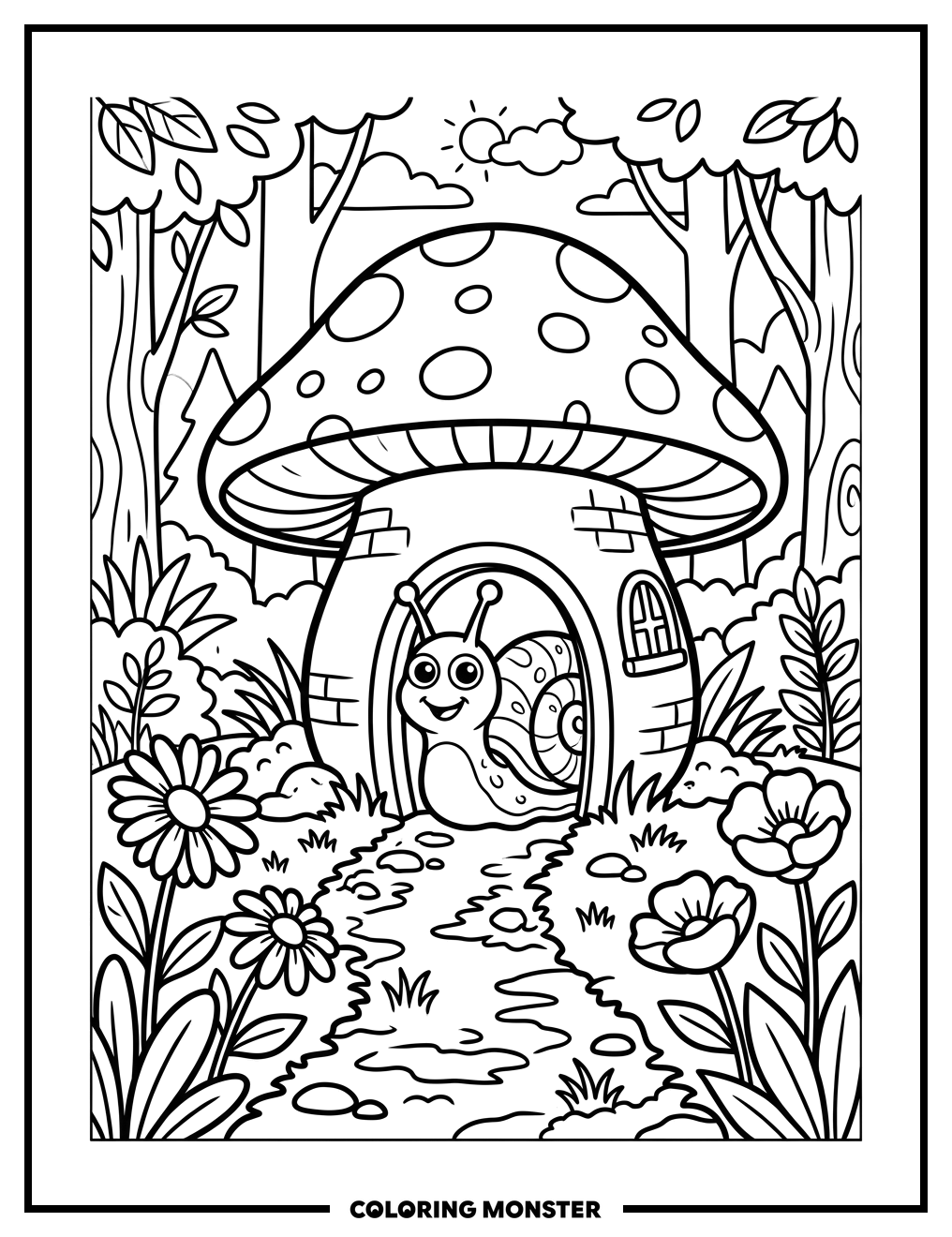 Snail in Mushroom House Coloring Page
