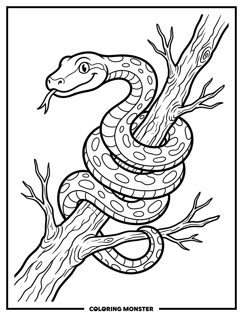 Snake Coiled Around Tree Branch Coloring Page