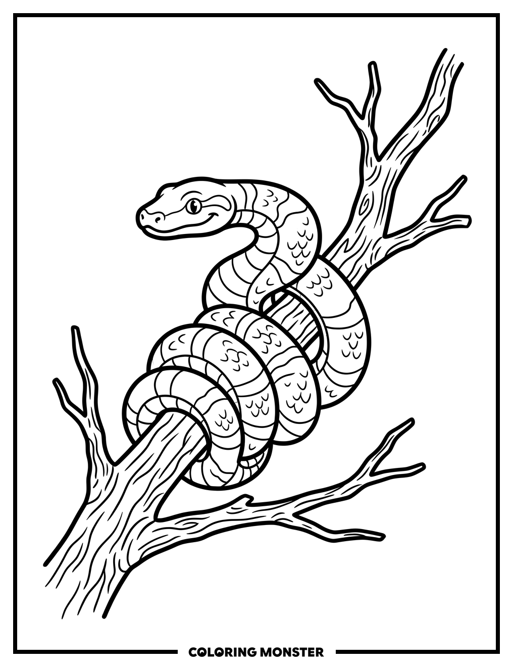 Snake Coiled on Tree Branch Coloring Page
