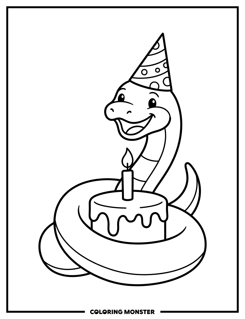 Snake With Birthday Cake Coloring Page