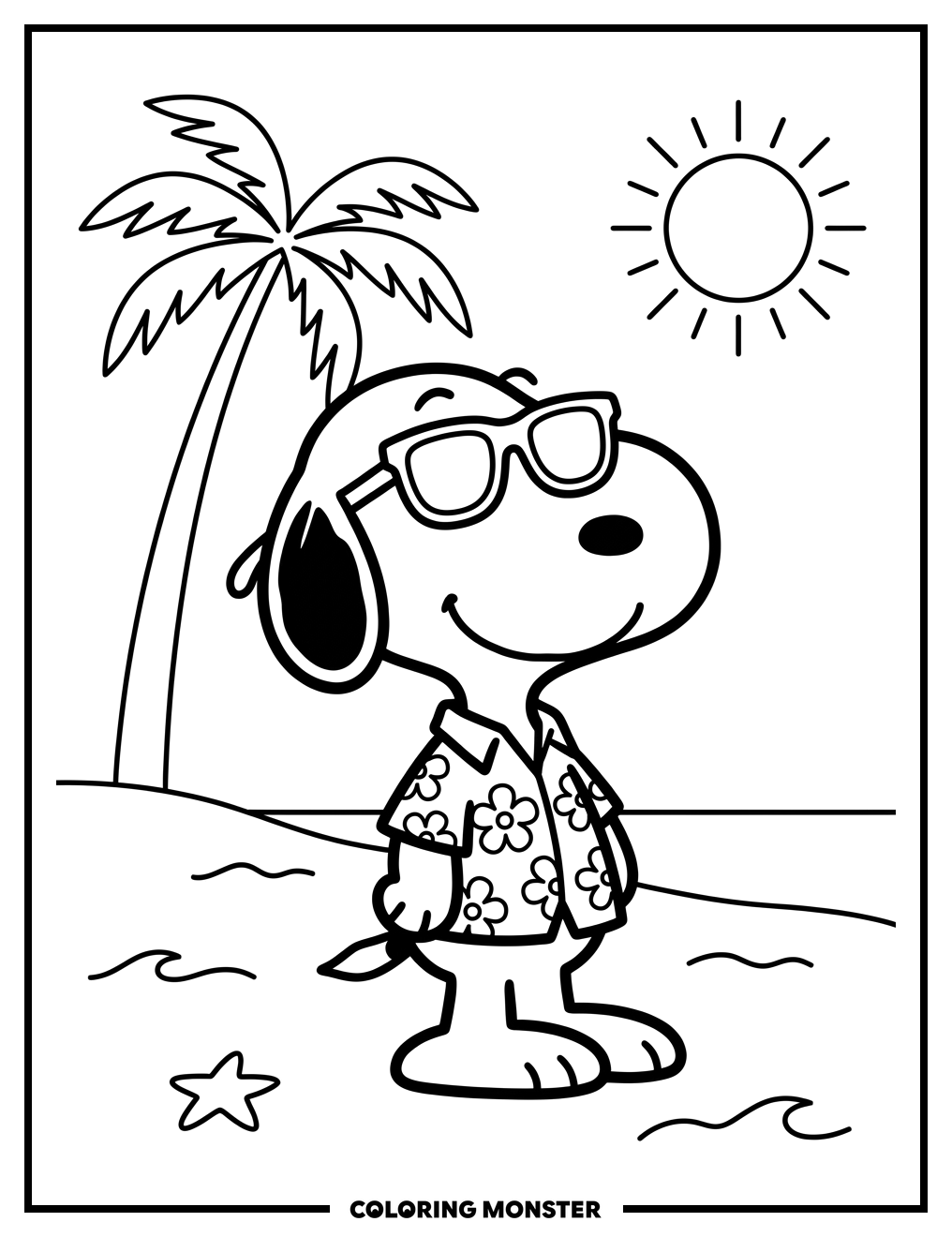 Snoopy on a Tropical Beach Coloring Page