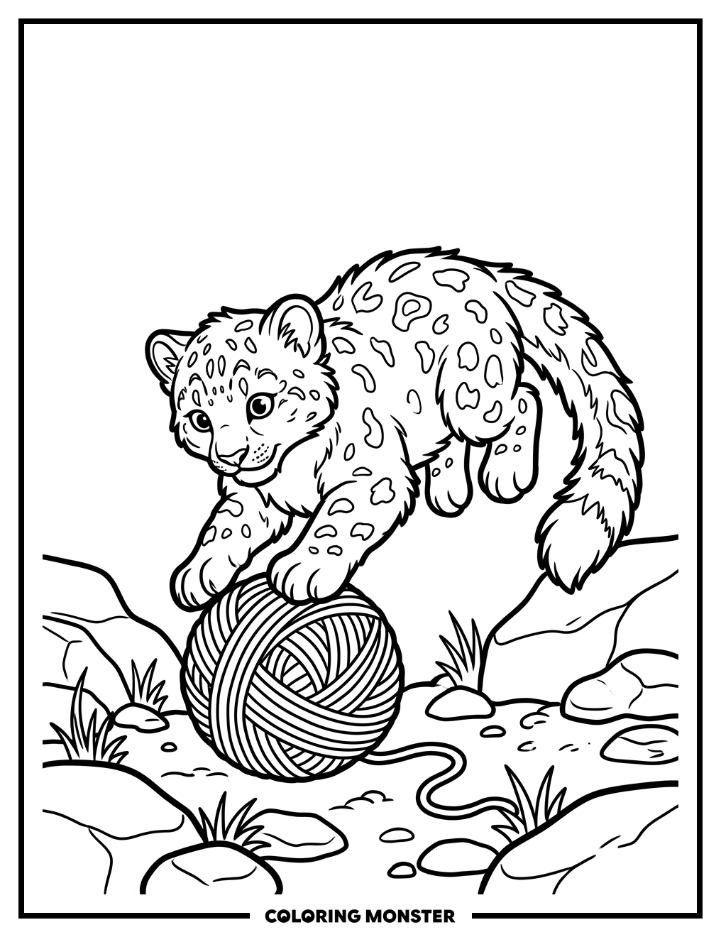 Snow Leopard Cub Playing with Yarn Coloring Page