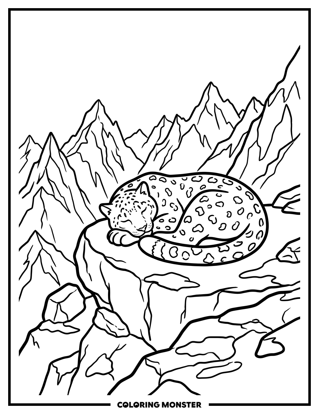 Snow Leopard Sleeping on Mountain Ledge Coloring Page