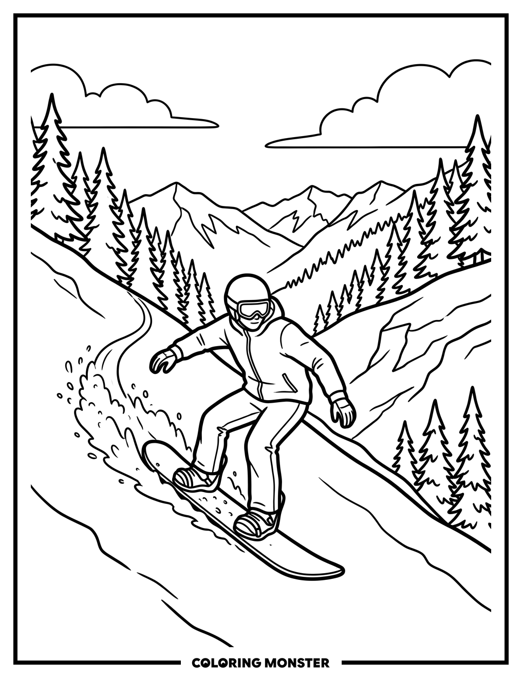 Snowboarder Carving Down Mountain Coloring Page