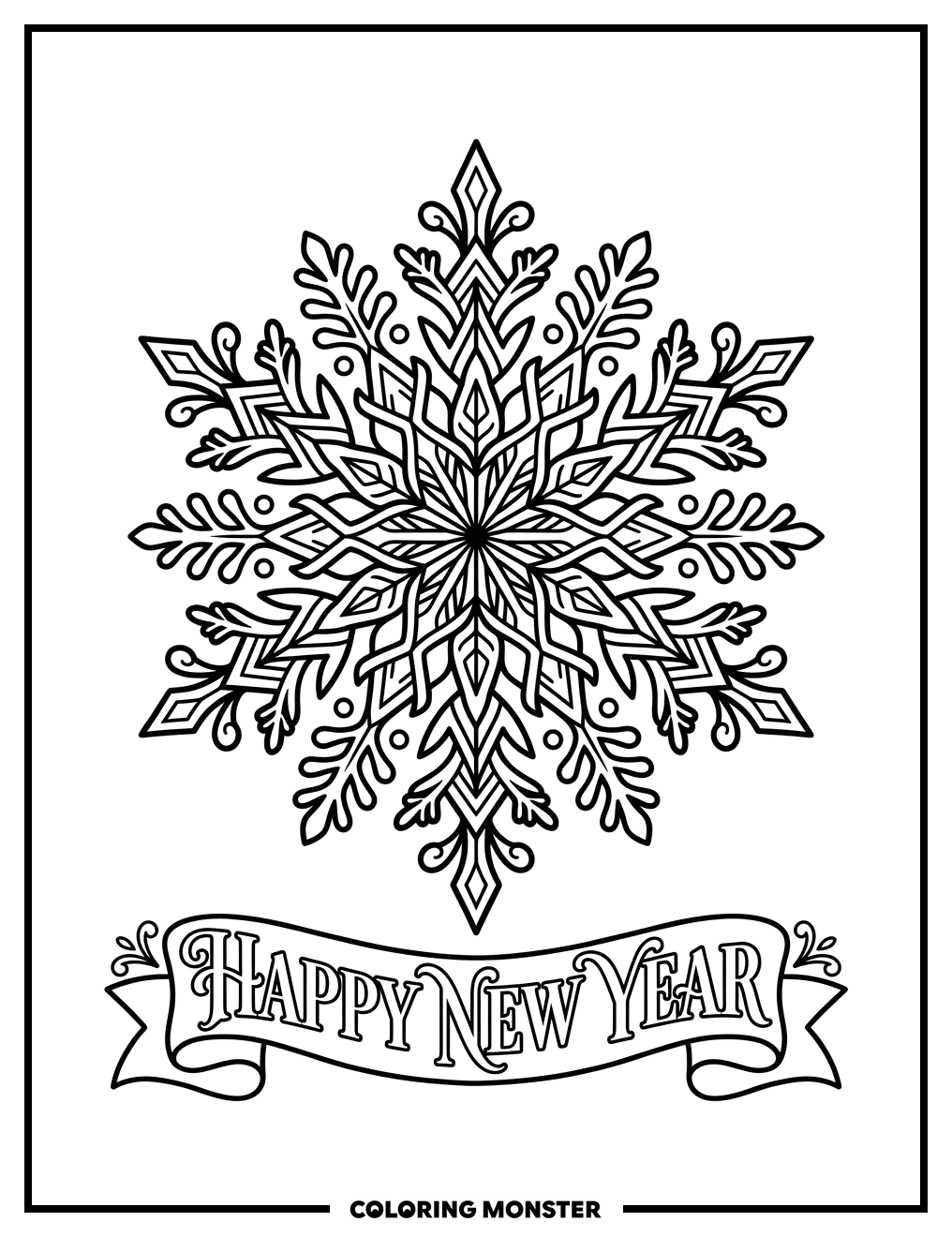 Snowflake With Happy New Year Banner Coloring Page