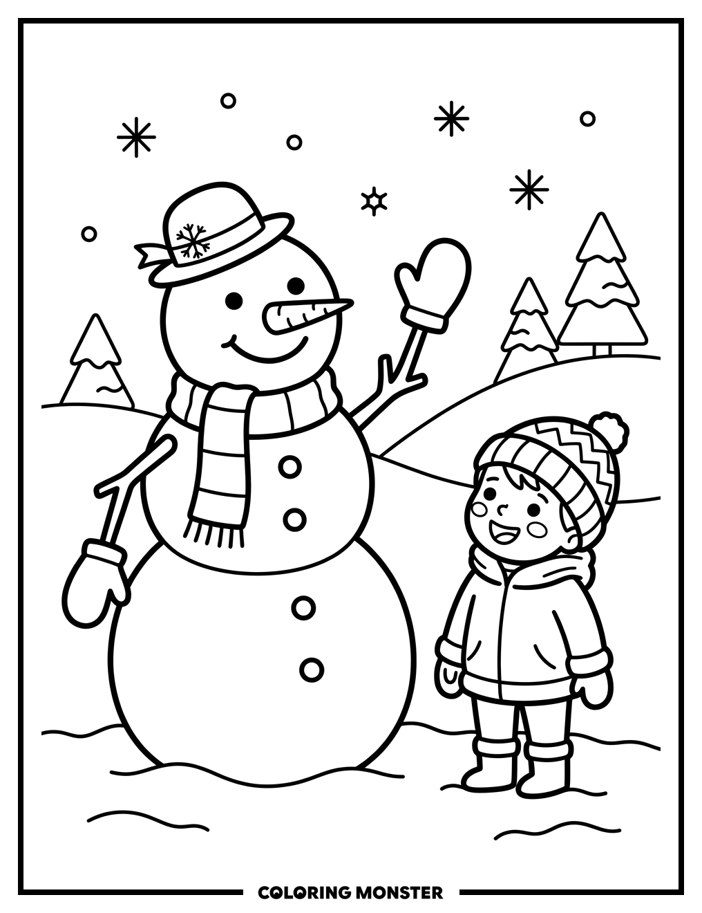Snowman and Child Waving Coloring Page
