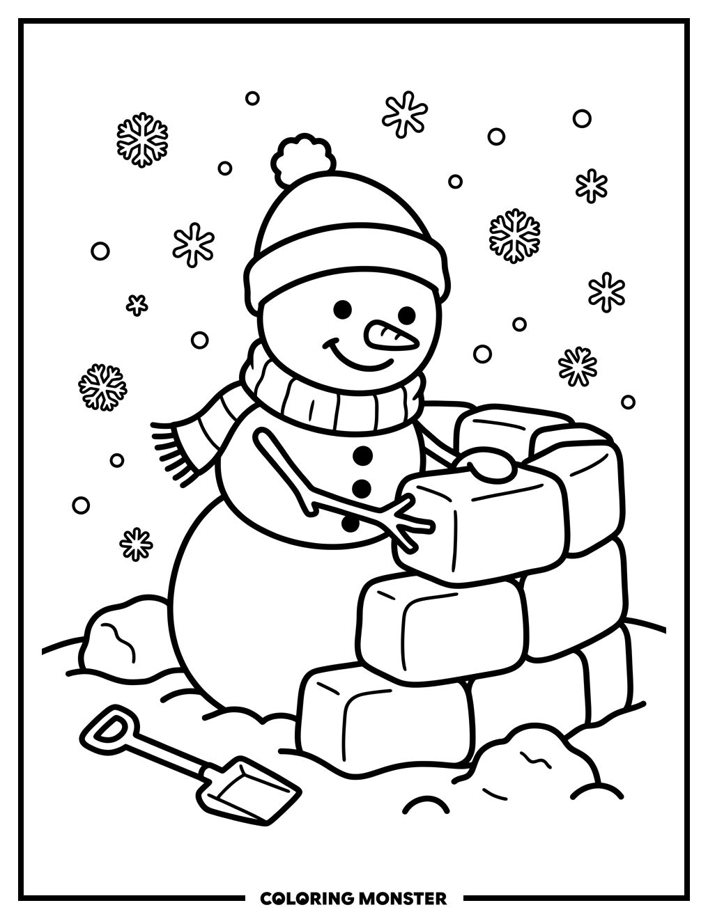 Snowman Building a Snow Fort Coloring Page