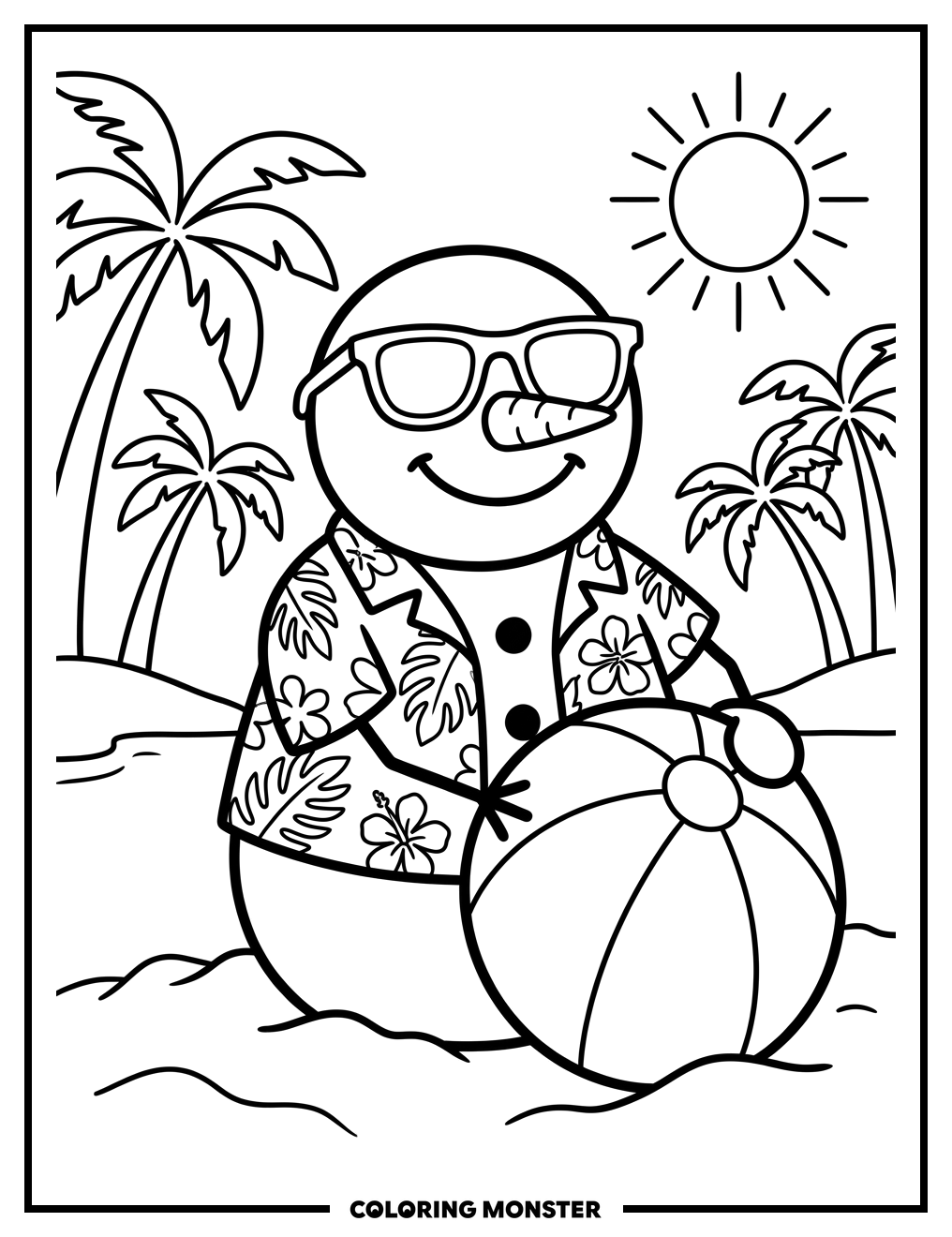 Snowman Enjoying a Tropical Beach Coloring Page