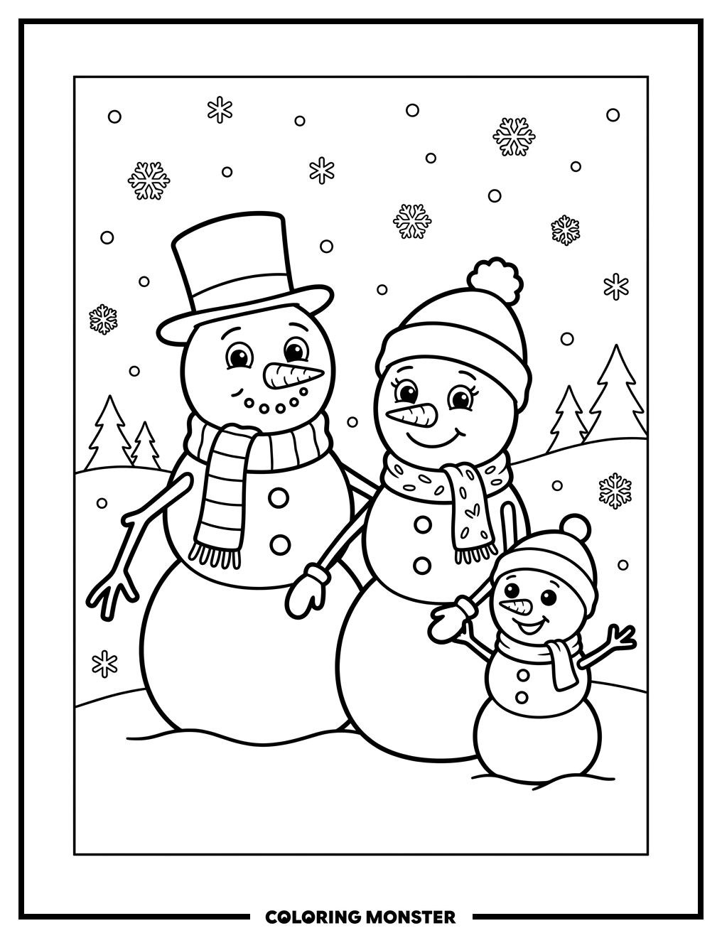 Snowman Family in Gentle Snowfall Coloring Page