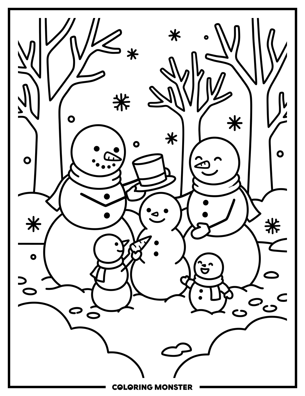 Snowman Family in Snowy Park Coloring Page