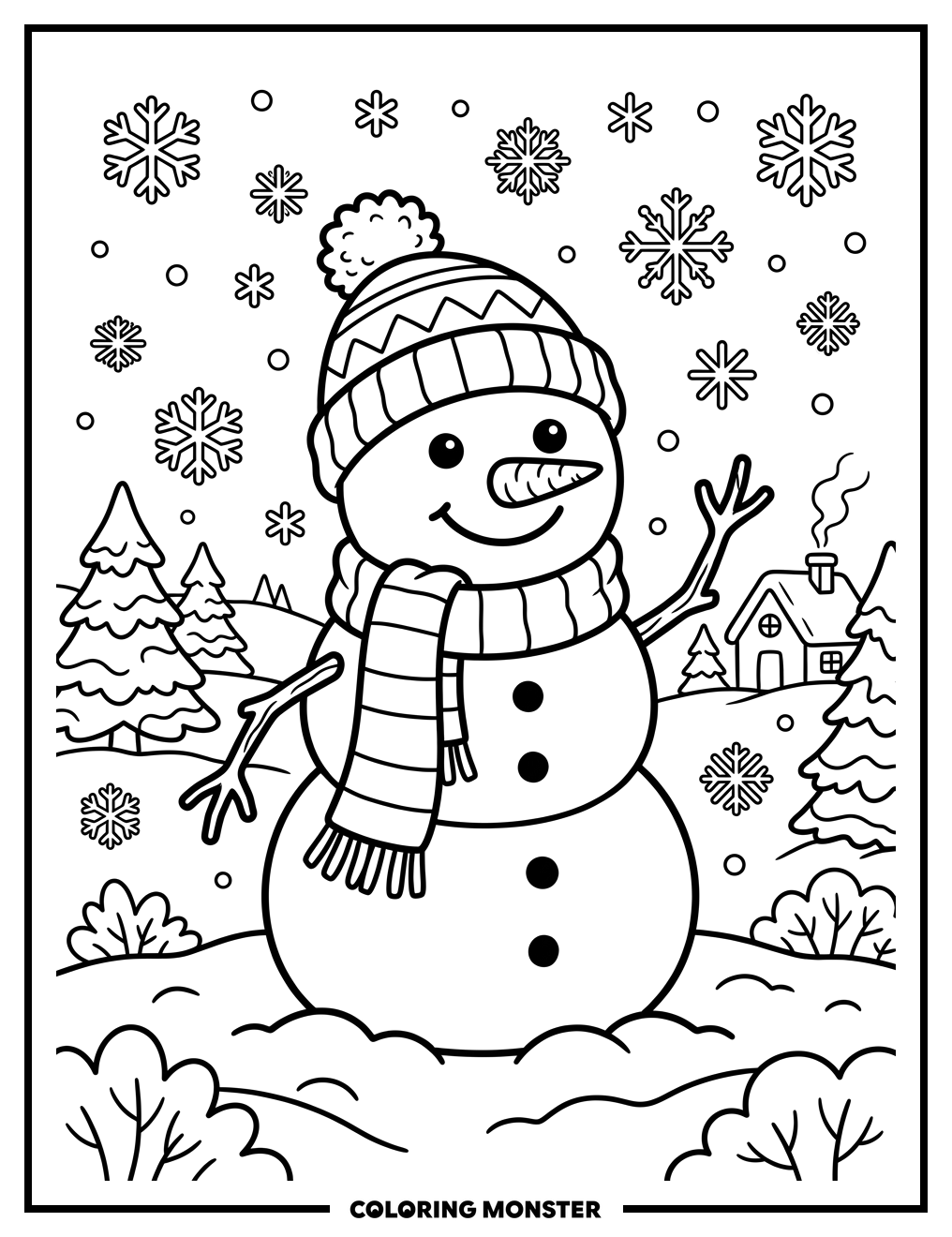 Snowman in Snowy Landscape Coloring Page