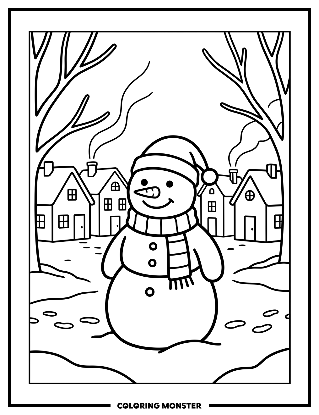 Snowman in Village Square Coloring Page