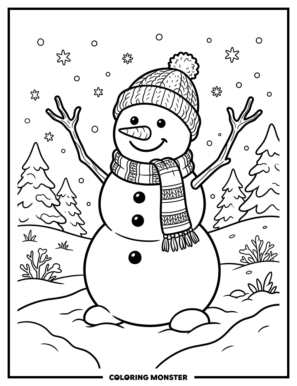 Snowman Waving Hello In Winter Coloring Page