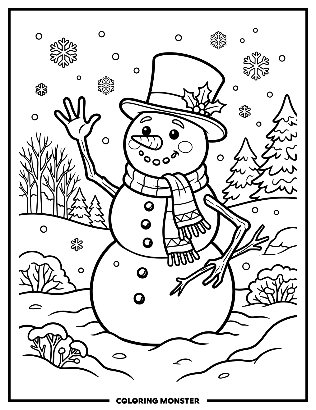 Snowman Waving in Snowy Field Coloring Page