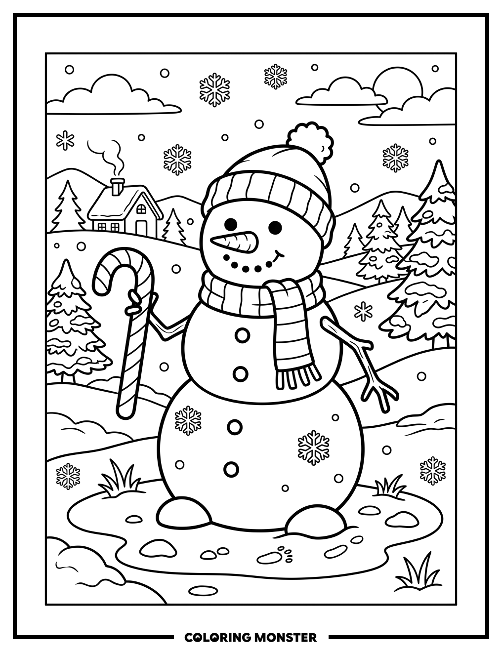 Snowman With Candy Cane Coloring Page