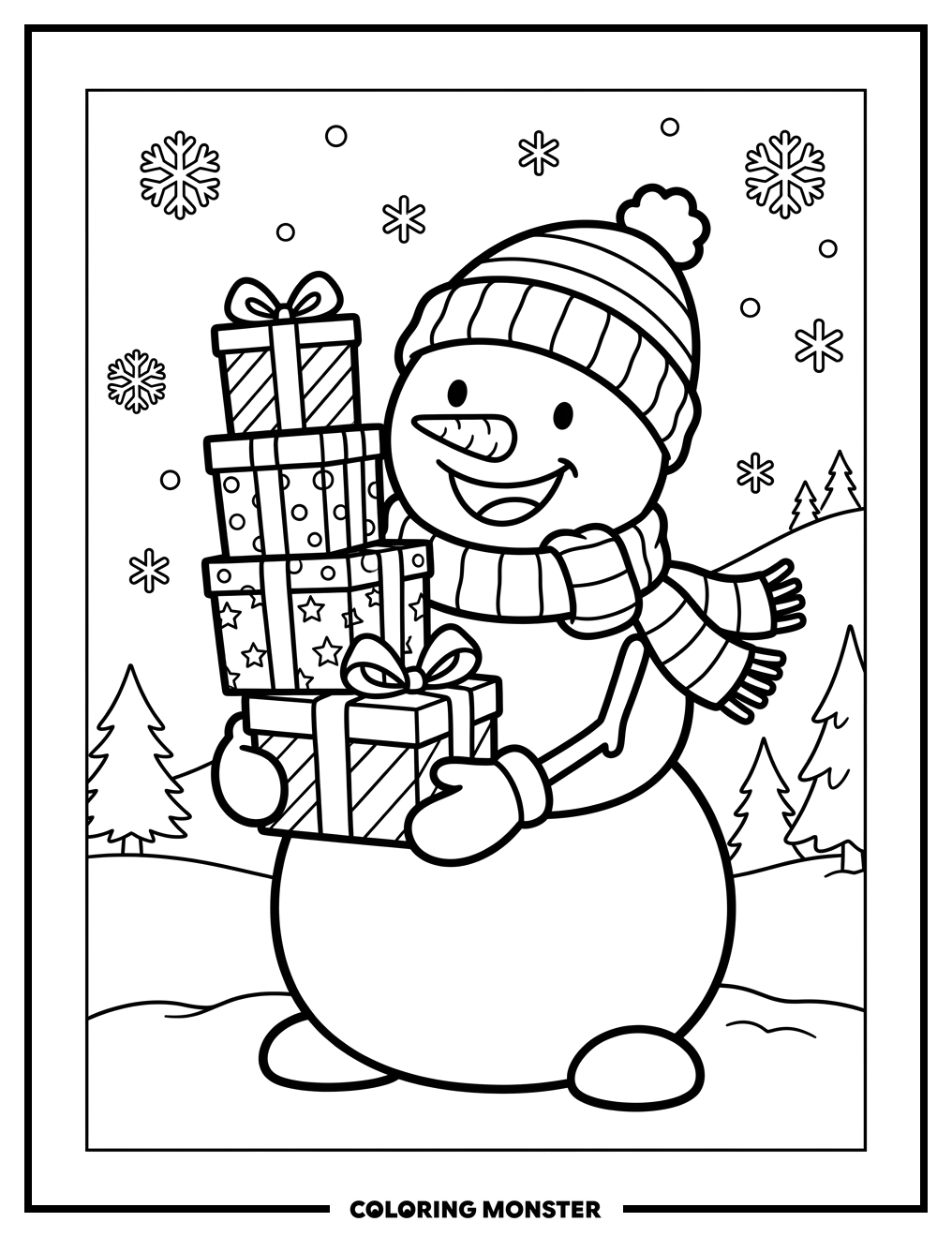 Snowman With Christmas Presents Coloring Page