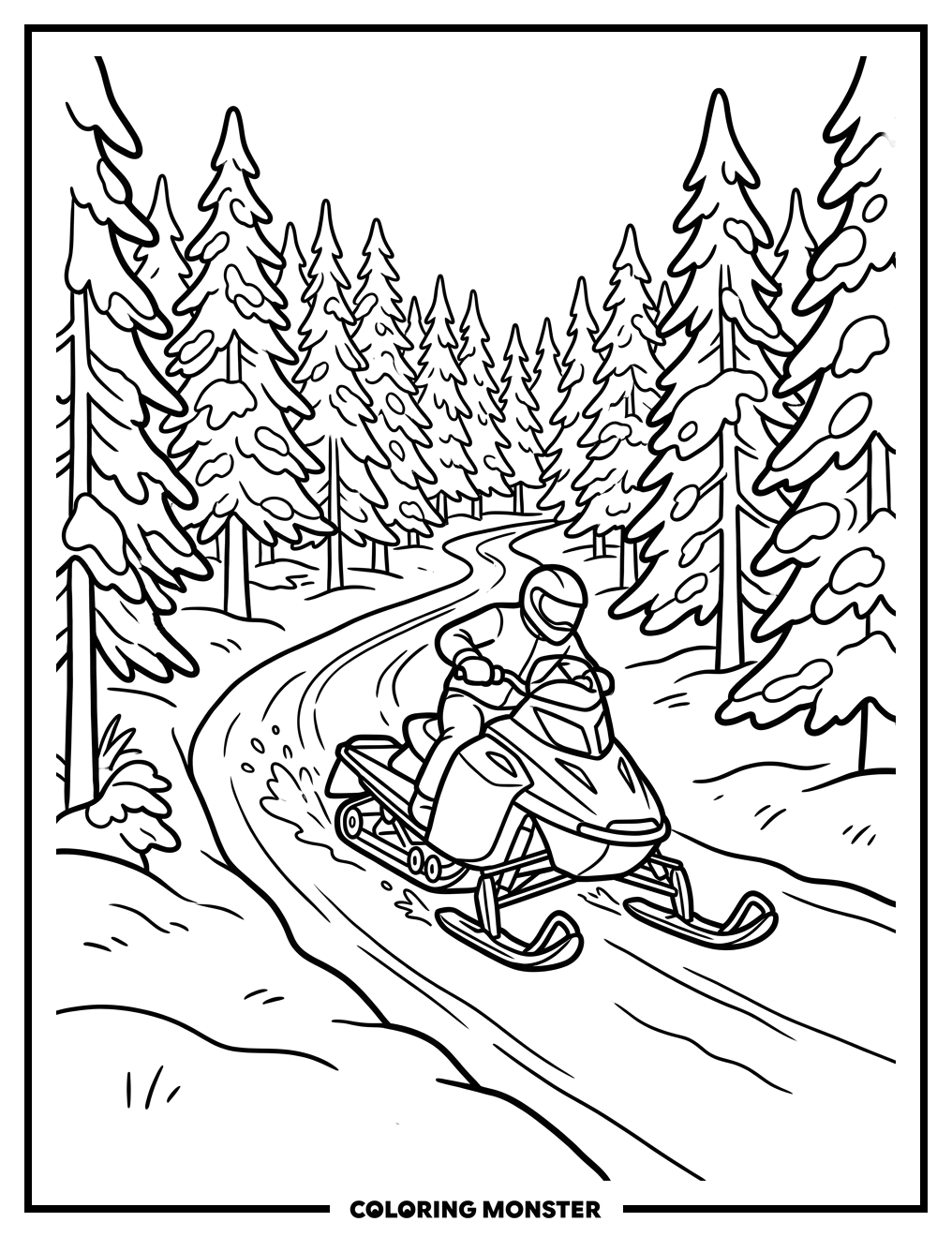 Snowmobile in Snowy Forest Coloring Page