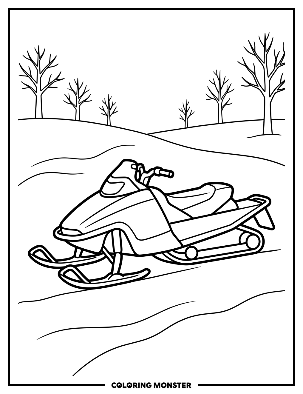 Snowmobile on Snowy Hillside Coloring Page