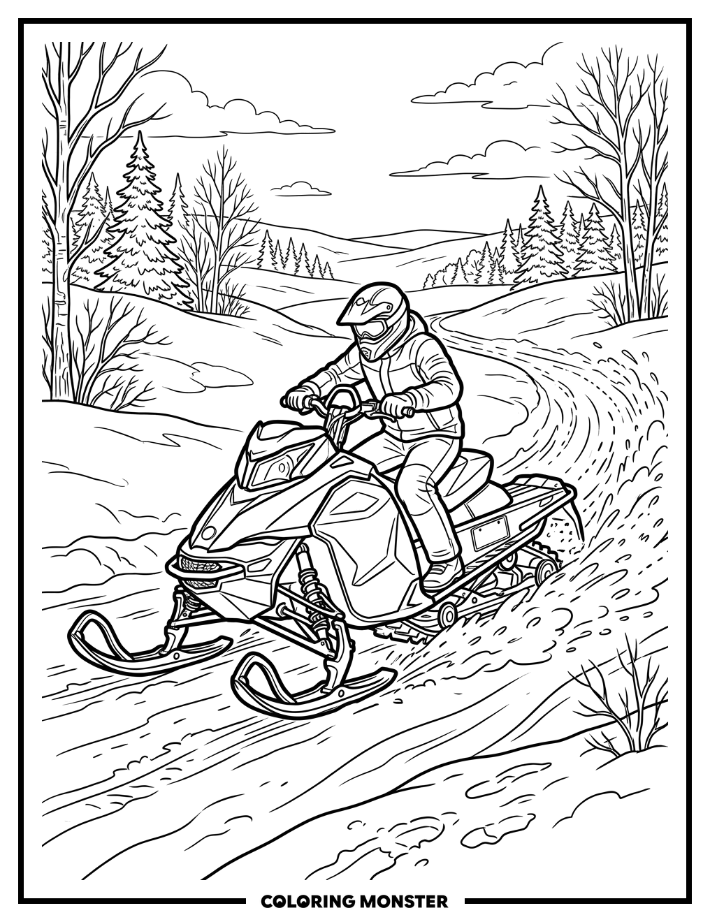 Snowmobile Speeding Through Winter Landscape Coloring Page