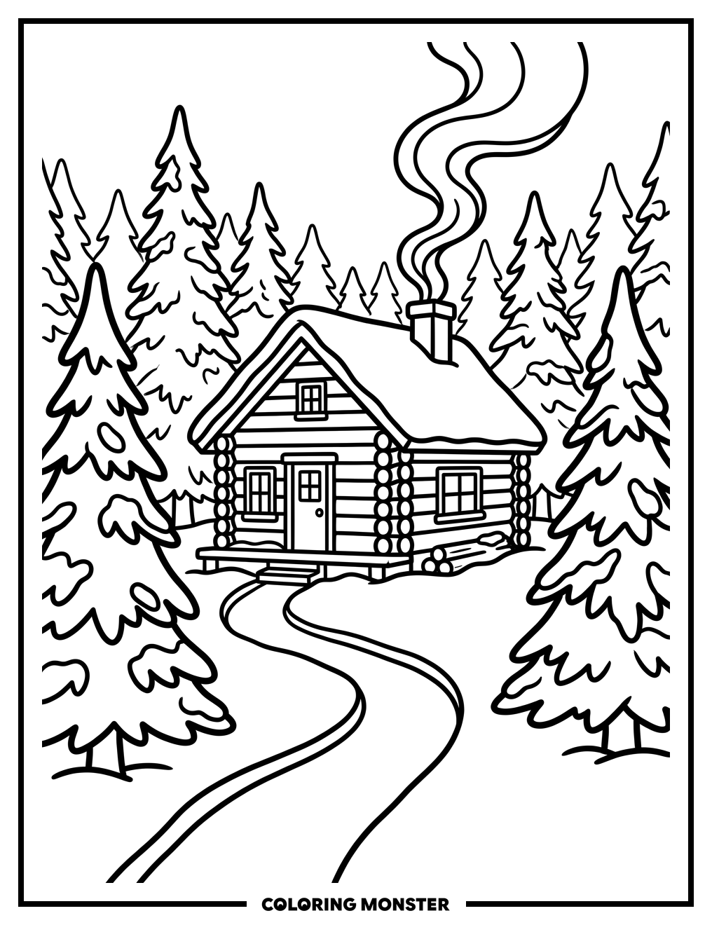 Snowy Cabin in Evergreen Forest Coloring Page