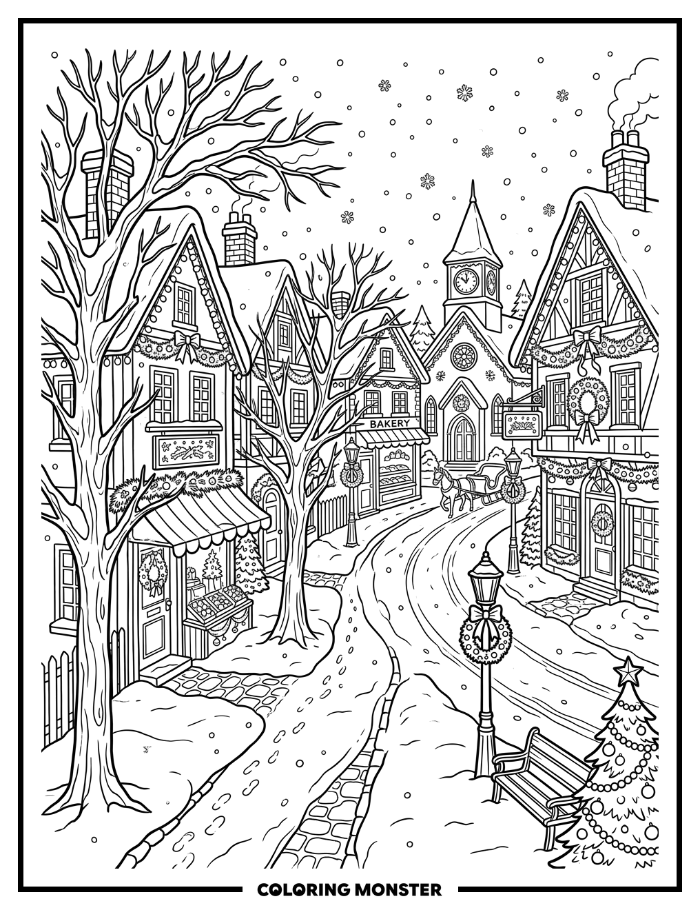 Snowy Christmas Village Main Street Coloring Page