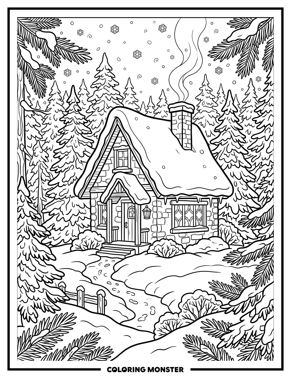 Snowy Cottage In Winter Forest Coloring Page