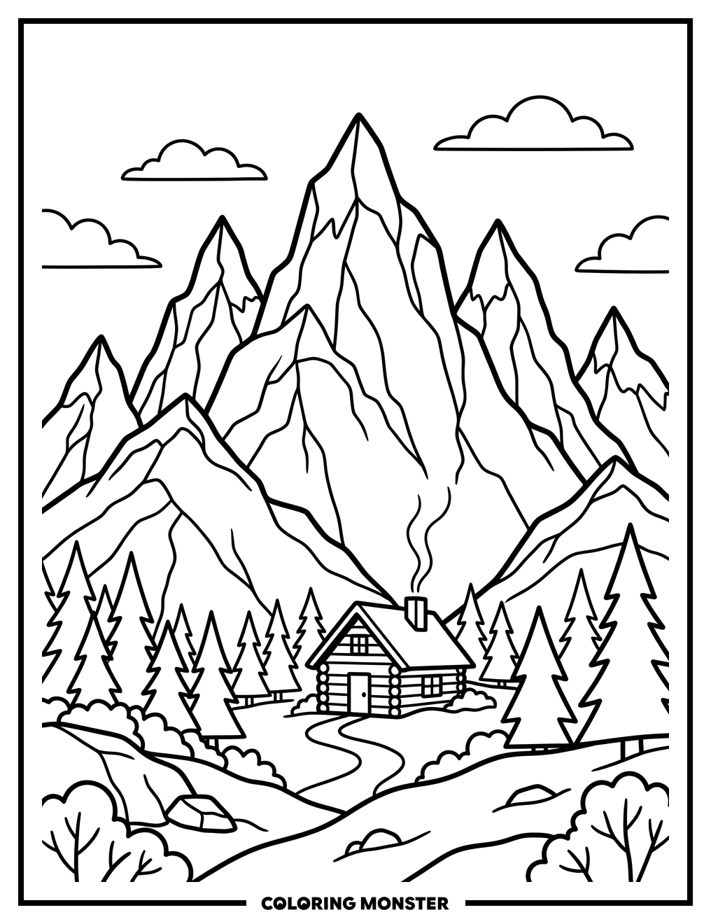 Snowy Mountain Peaks and Cozy Cabin Coloring Page