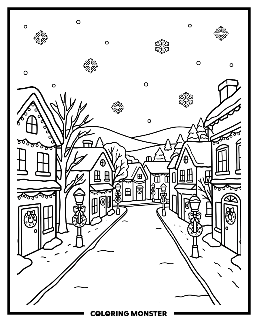 Snowy Town Street at Christmas Coloring Page