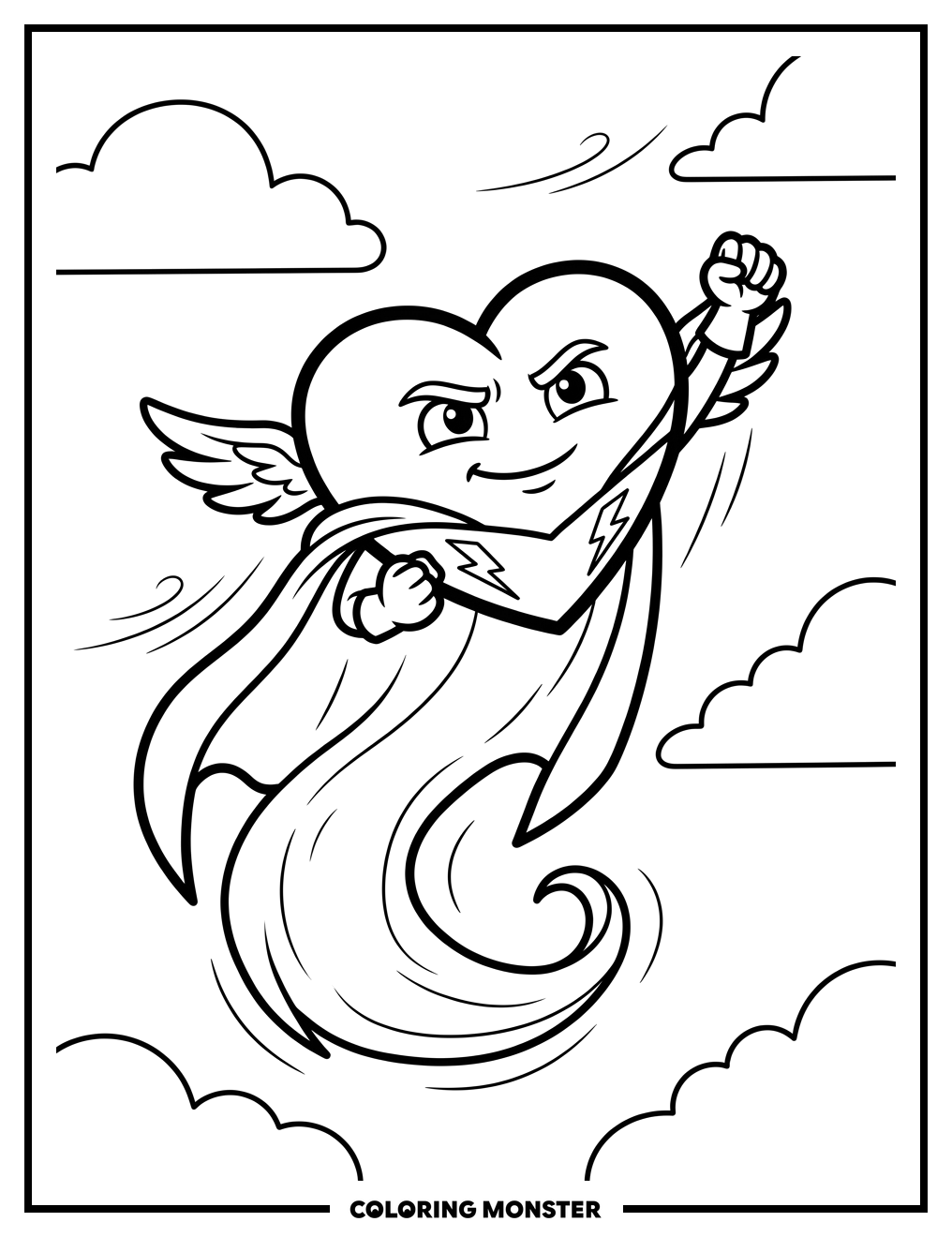 Soaring Heart with Cape Coloring Page